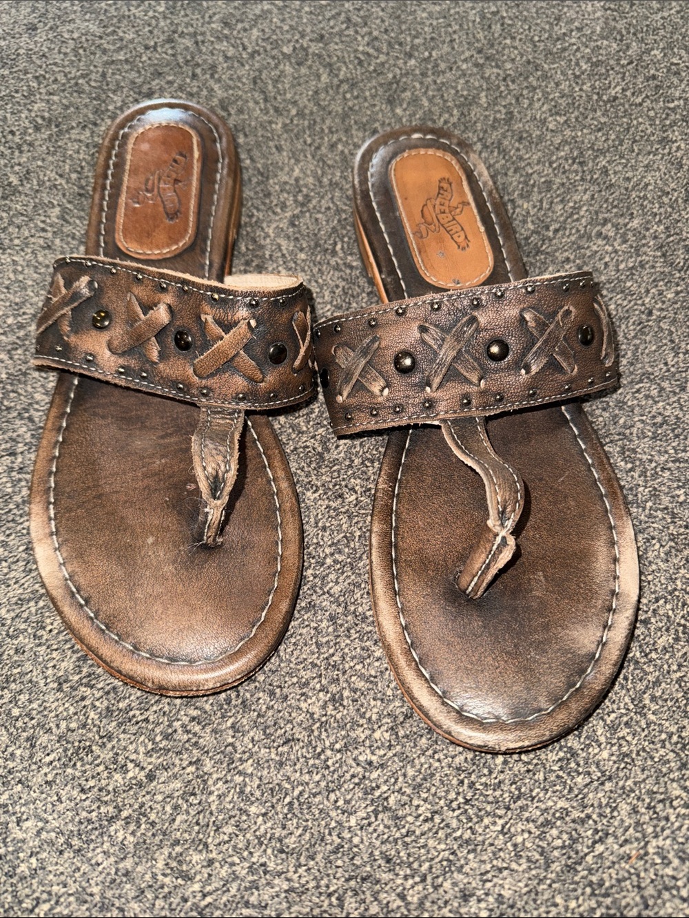 freebird Brown Leather Toe-Post Slide Sandals with Stud Detail